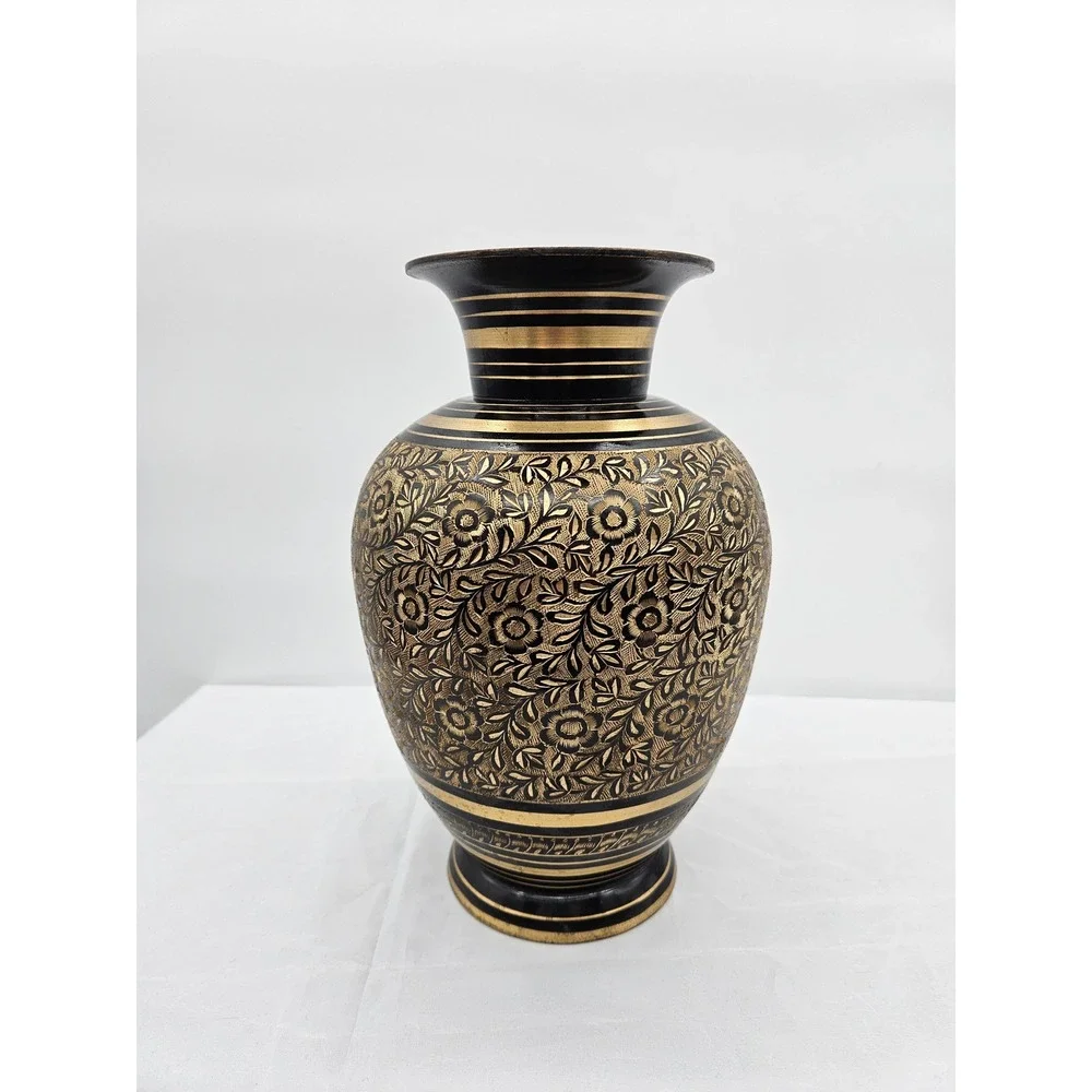 Vintage Hand Etched Black and Gold Brass Floral Urn Vase 9.5 Inch